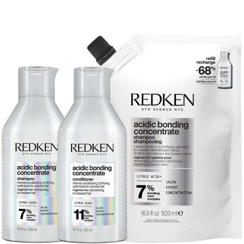 Redken - Acidic Bonding Concentrate Shampoo 300 ml + Refill 500 ml + Conditioner 300 ml - Set