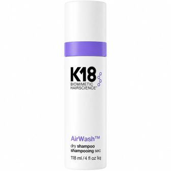 K18 Airwash Dry Shampoo pakshot van witte spuitbus met paarse band