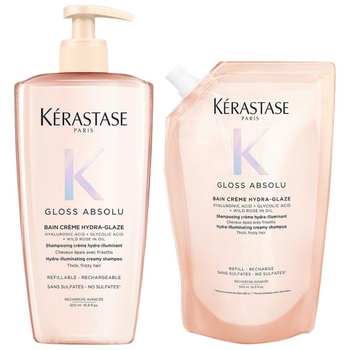 Kérastase Gloss Absolu Bain Riche Crème Hydra Glaze Shampoo 500 ml + Refill Shampoo 500 ml Vorteilspack für dichtes und krauses Haar