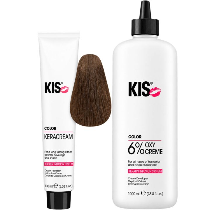 KIS KeraCream Color 6 N Donkerblond & Color Oxycrème Vol 20 (6%) 1000 ml Vorteilsset