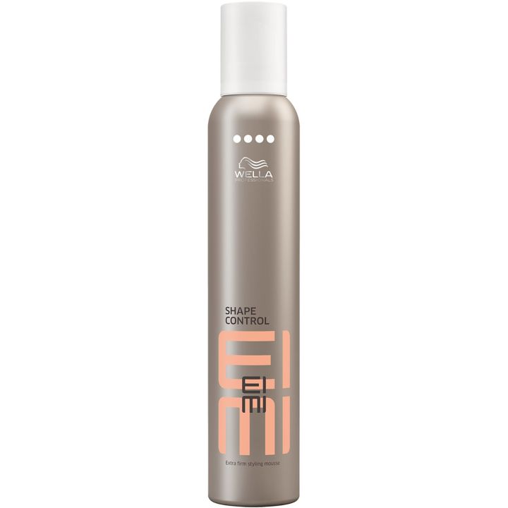 Wella EIMI Volume Shape Control pakshot van een taupe spuitbus met witte dop en perzikkleurig ontwerp