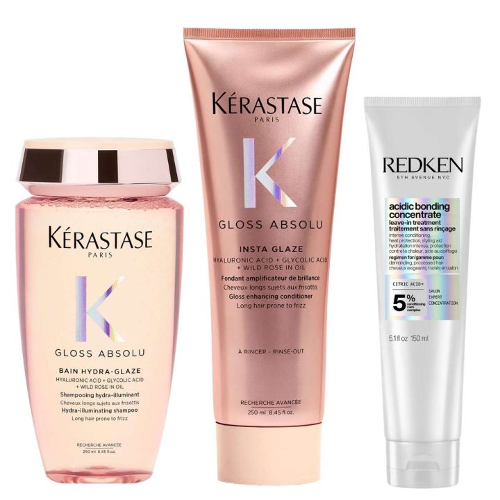 Kérastase Gloss Absolu Hydra-Glaze Shampoo + Conditioner + Redken Acidic Bonding Concentrate Leave-In Voordeelset Glanzend en Sterker Haar