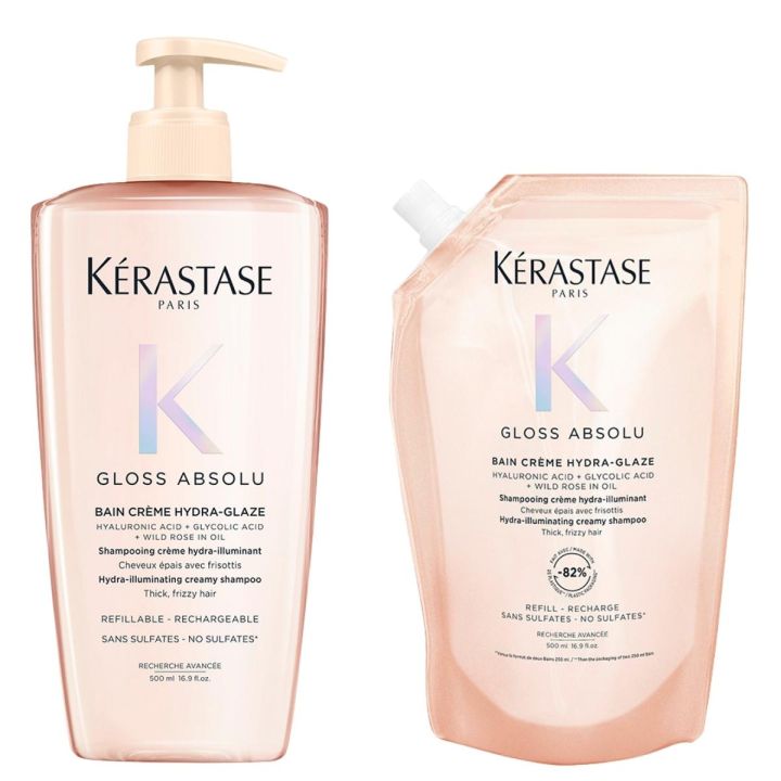 Kérastase Gloss Absolu Bain Riche Crème Hydra-Glaze Shampoo 500 ml + Refill Shampoo 500 ml Voordeelset voor Dik en Pluizig Haar