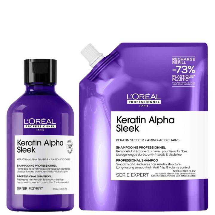 L'Oréal Professionnel Keratin Alpha Sleek Shampoo 300 ml + Refill Shampoo 500 ml Voordeelset
