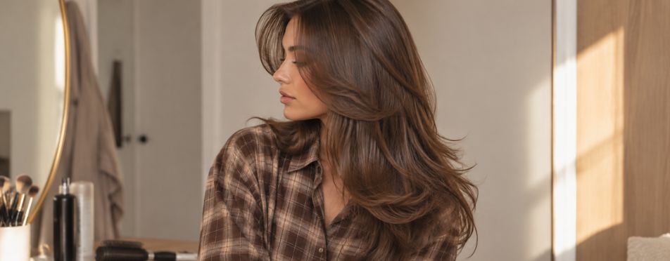 Vrouw met een volumineuze 90s blowout, glanzend bruin haar en een bruine geruite blouse in een lichte slaapkamer Vrouw met een volumineuze 90s blowout, glanzend bruin haar en een bruine geruite blouse in een lichte slaapkamer