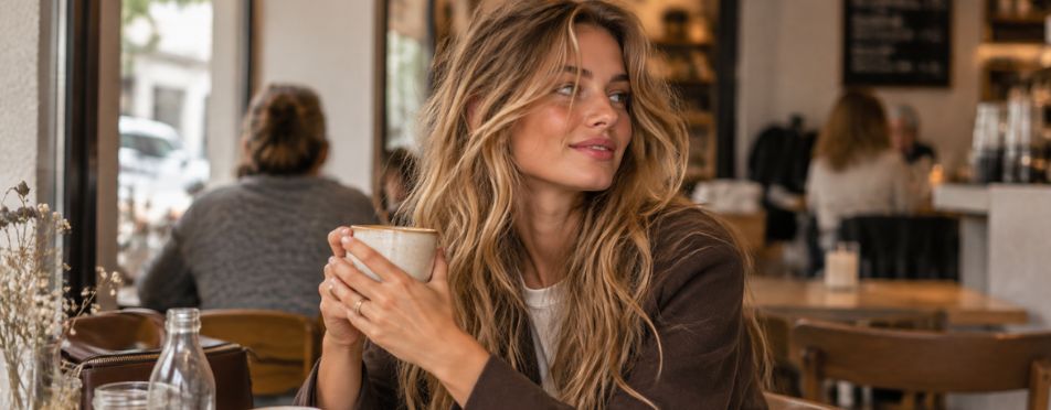 Vrouw met nonchalante, losse golven en een messy undone hairstyle, zittend met een kop koffie in een gezellige lunchroom Vrouw met nonchalante, losse golven en een messy undone hairstyle, zittend met een kop koffie in een gezellige lunchroom